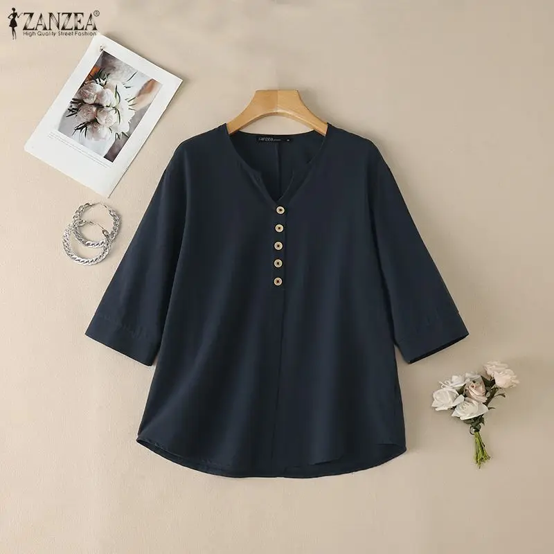 

Woman Casual Cotton Linen Blouses V-Neck 3/4 Sleeve Half-Button Solid Color Tops ZANZEA Spring Summer Daily Wear Blusas de Mujer