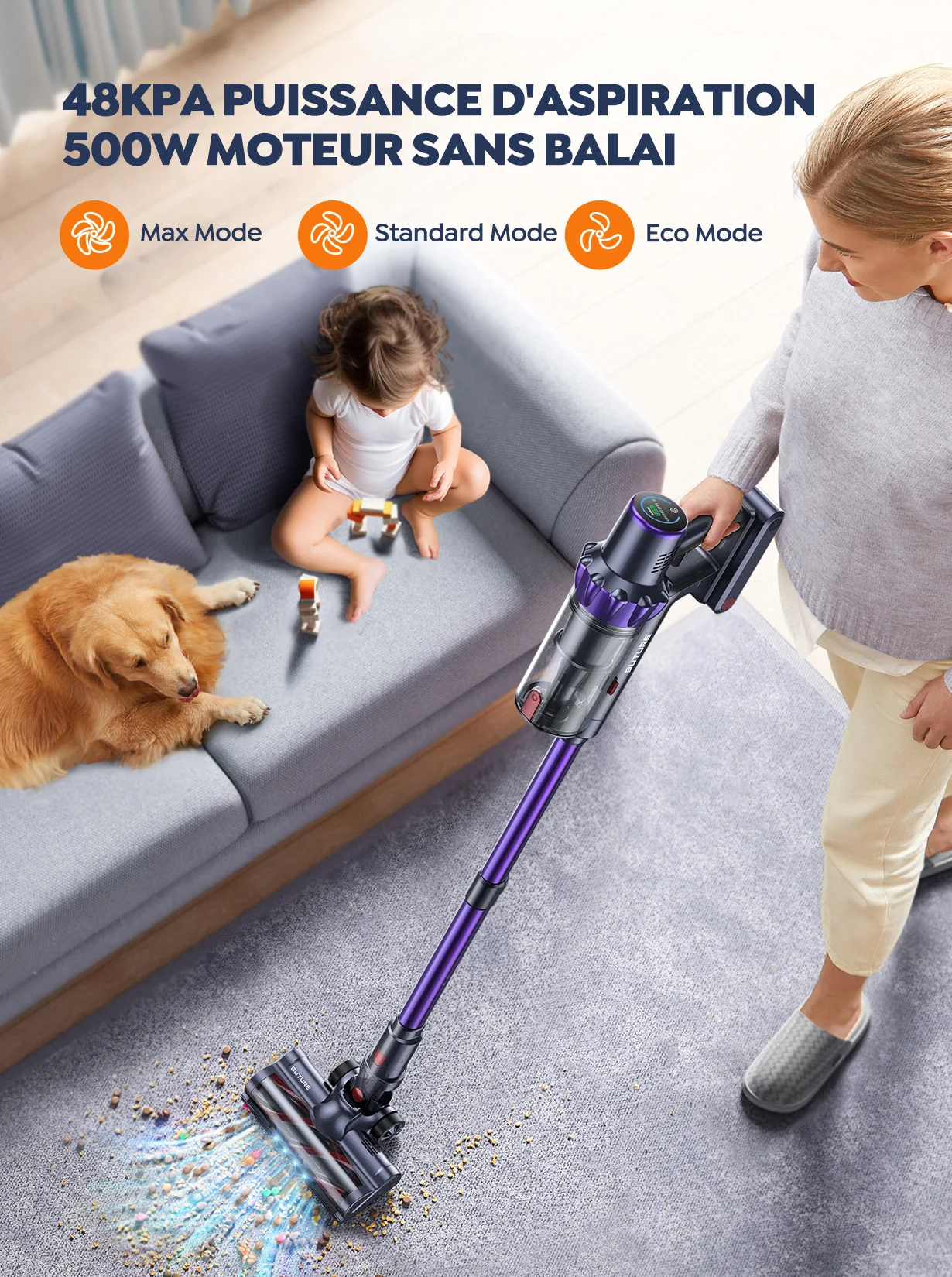 BUTURE 48Kpa 500W Handheld Cordless Vacuum Cleaner Automatically Adjust Suction 1.5L Dust Cup for Pet Hair/Carpet/Hard Floor