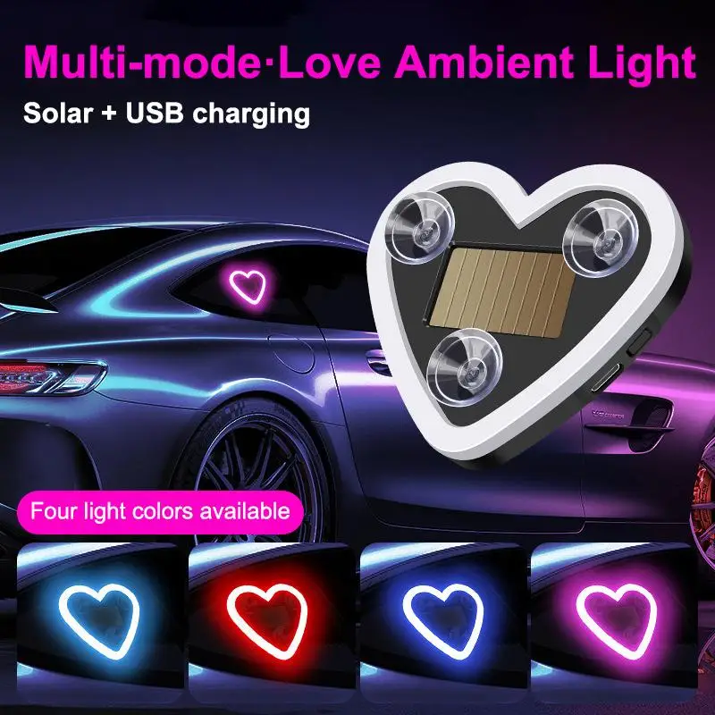 1Pc Universal Solar Car LED Window Decoration Heart Neon Light Auto Interior Ambient Atmosphere Lamp Ideal Gift