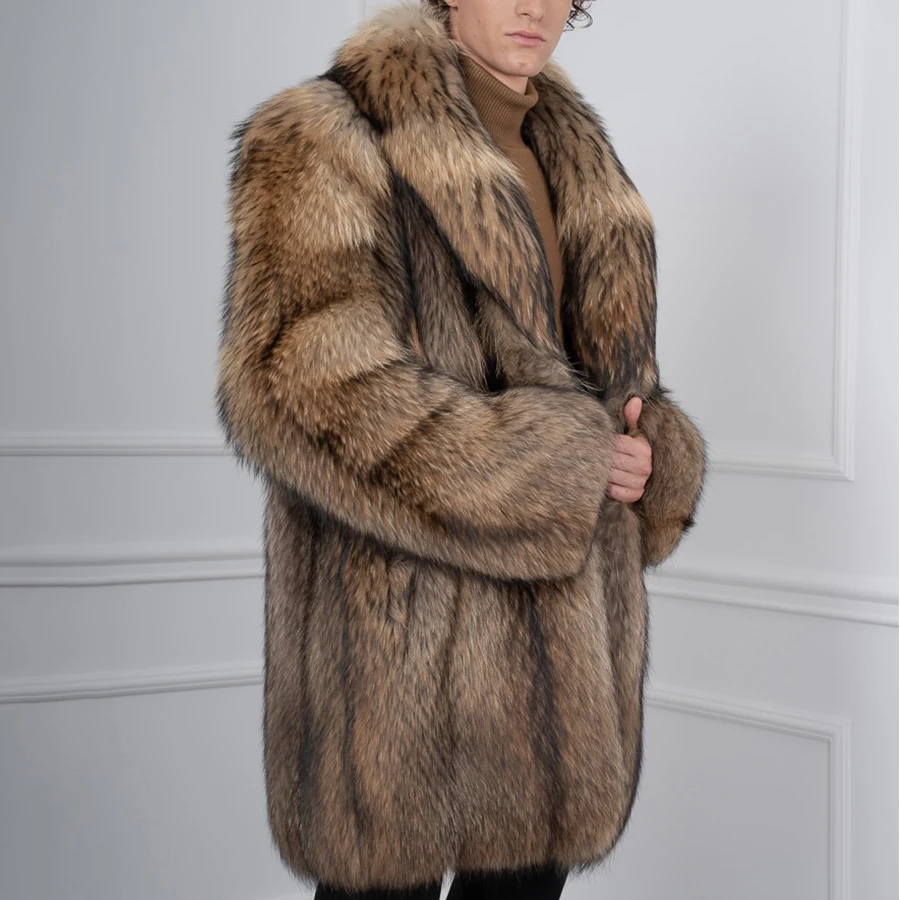 Real Raccoon Fur Coat Shawl Collar Full Skin Raccoon Fur Coat Long Men's Natural Fur Jacket High Quality Luxury Winter Jacket