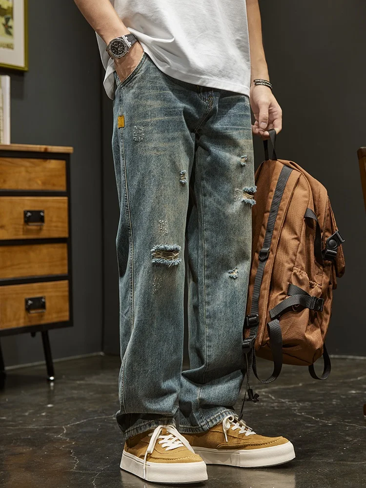 

Рваные повседневные свободные джинсы прямого кроя для мужчин, летняя новинка в винтажном американском стиле, для уличной моды