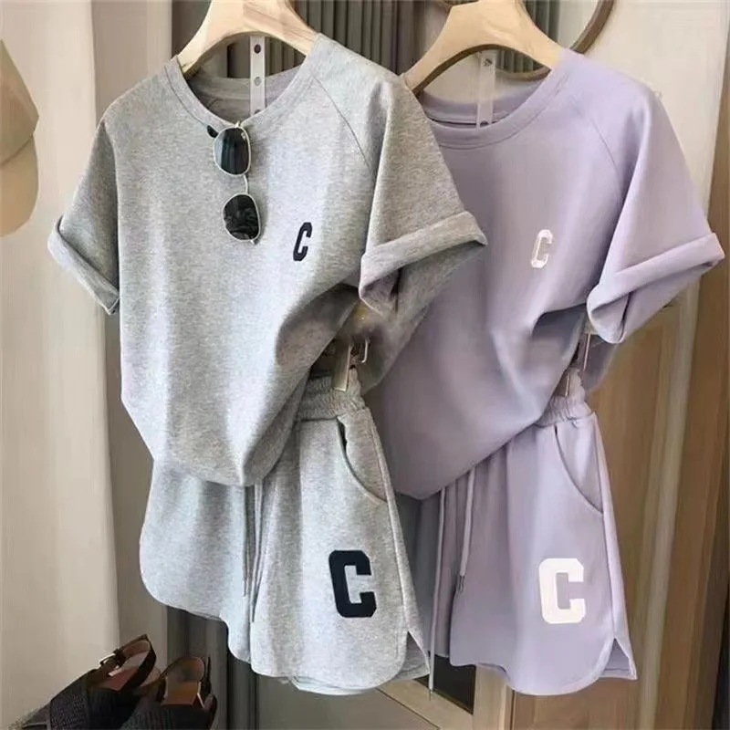 Letter Embroidery Fashion Casual Round Neck Short Sleeved Comfortable Shorts Female Summer New Loose Simplicity Two Piece Set