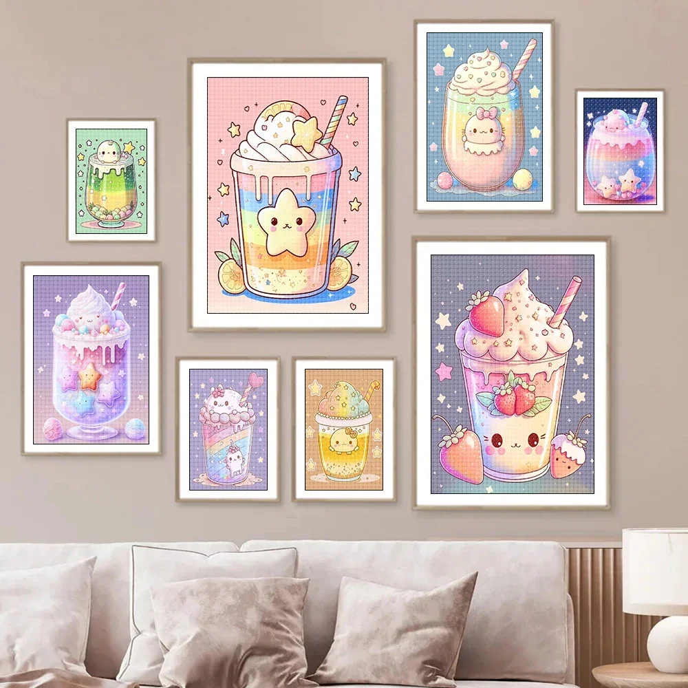 Cartoon Ice Cream Diamond Painting Stars Cup Picture Full Diamond Mosaic Cross Stitch Suitable for Children's Room Decor Gift