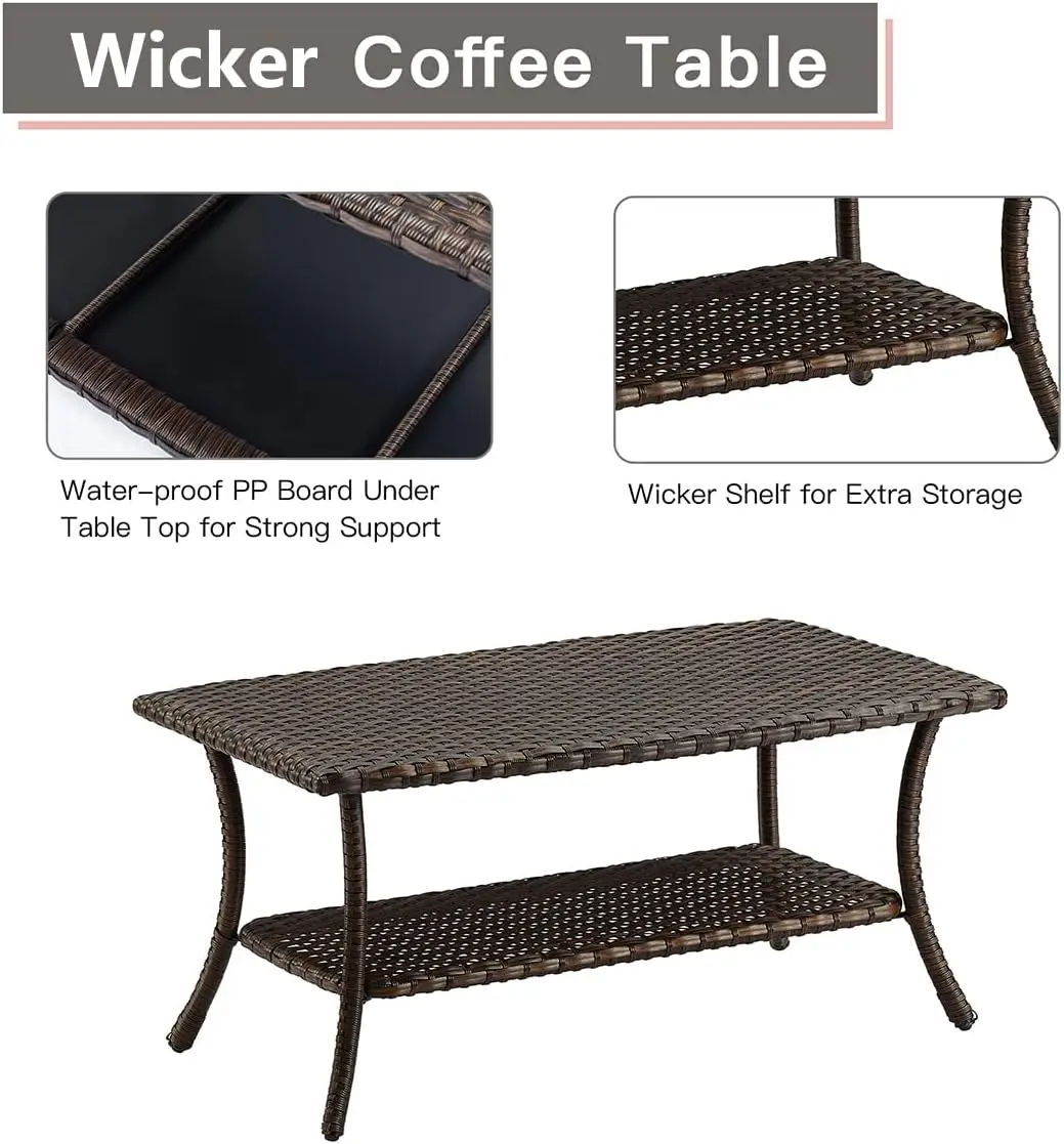 Mesa de café do pátio de vime, mesa de café ao ar livre do Rattan, móveis de armazenamento de 2 camadas, mesas para jardim, varanda, quintal