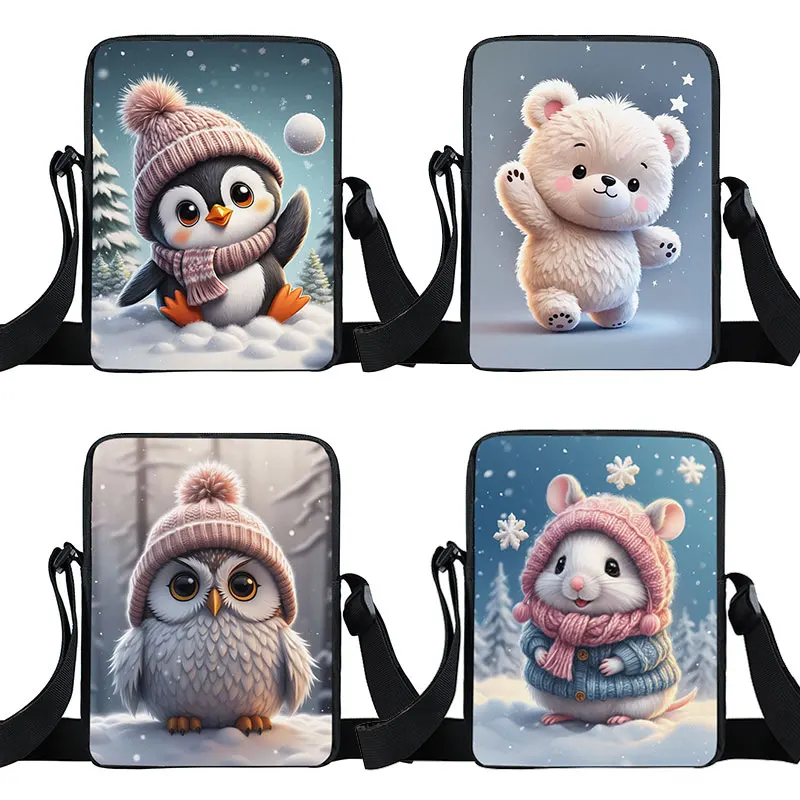 

Kawaii Cartoon Bear Rabbit Print Crossbody Bag Women Shoulder Bags for Travel Mouse Penguin Phone Holder Student Messenger Bags