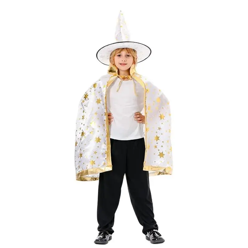 Magician Cosplay Pure Color star Cloak Costume Halloween for kid  Wizard Cloak Pointed Hat party