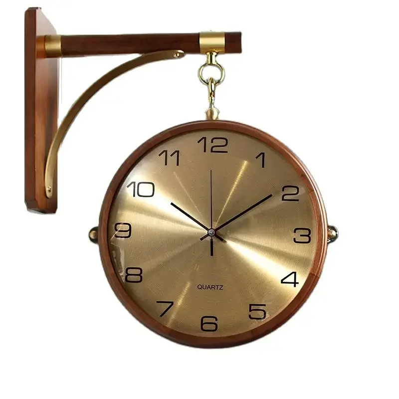 Luxury Double Sided Wall Clock Metal Silent Rotating Solid Wood Watch Modern Large Wall Clocks Home Decor Living Room Decoration