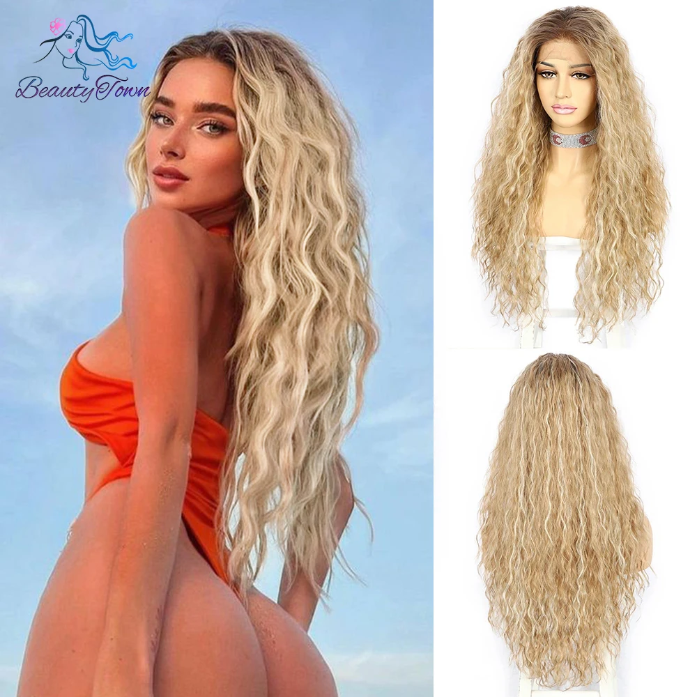 Long Inche Blonde Synthetic 13x3 Lace Front Wig 613 Grey  Brown Ginger Kinky Curly Wig HD Transparent Lace Front Wig Cosplay Wig