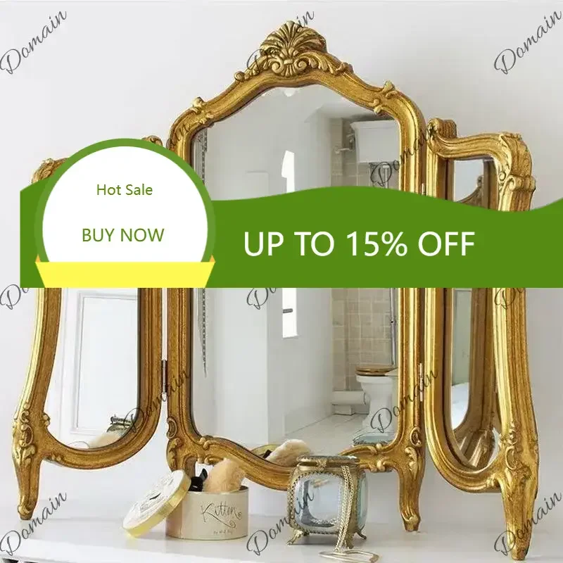 WA XX French Retro Desktop Tri-fold Mirror Bedroom Dresser Mirror European Desktop Three-sided Folding Makeup Mirror Antique Gol