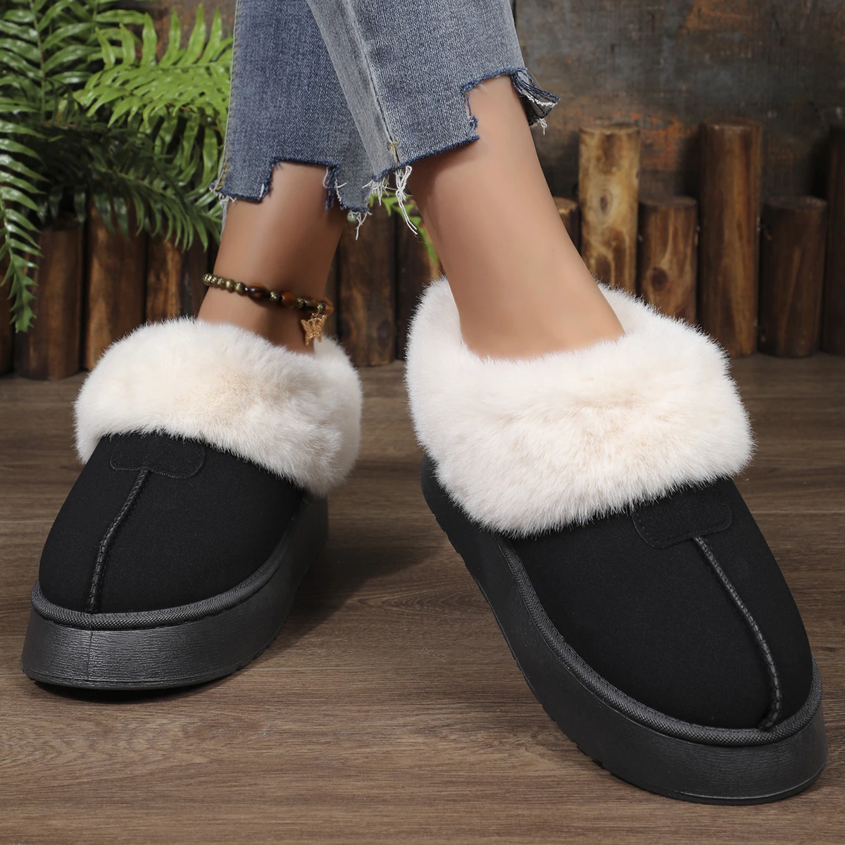 Winter Warm Thicken Plush Cotton Slippers Women Platform Boots Flat Ankle Boots Black Fur Slippers Woman Faux Suede Fluffy Shoes