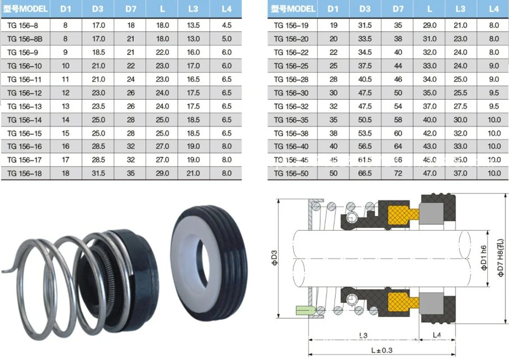 156 Series Fit 8 10 12 14 15 16mm OD Shaft Water Pump Mechanical Shaft Seal Single Coil Spring For Self-priming Pump