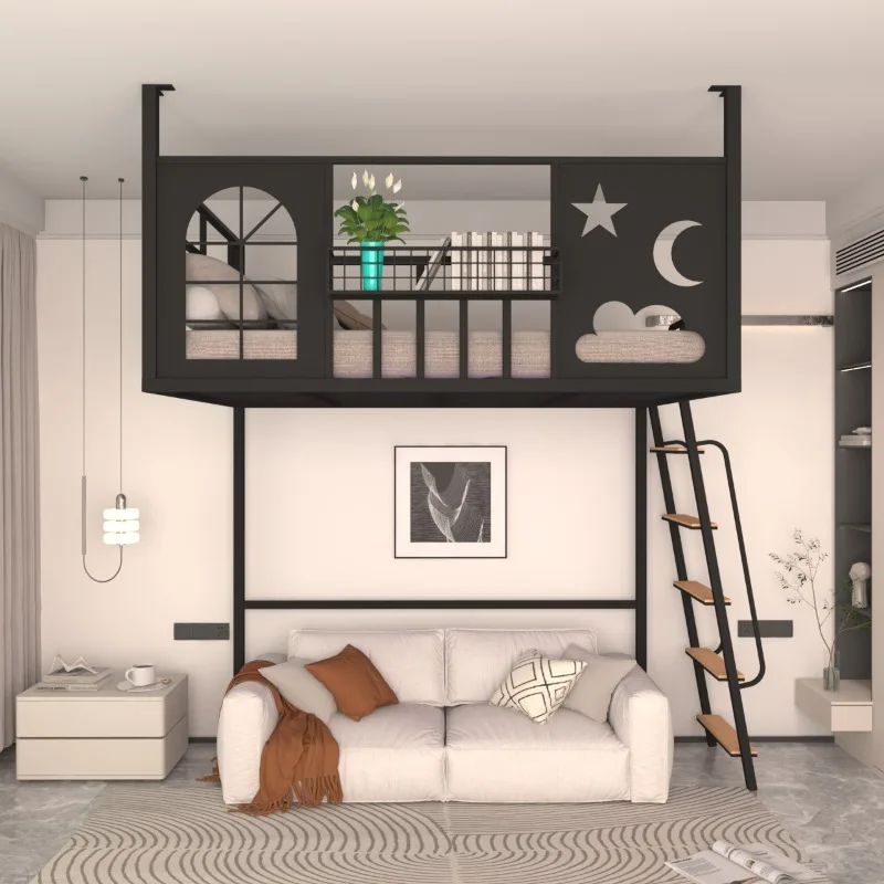 

Wrought iron elevated simple modern loft hammock space-saving loft , small apartment loft bed, bed and table