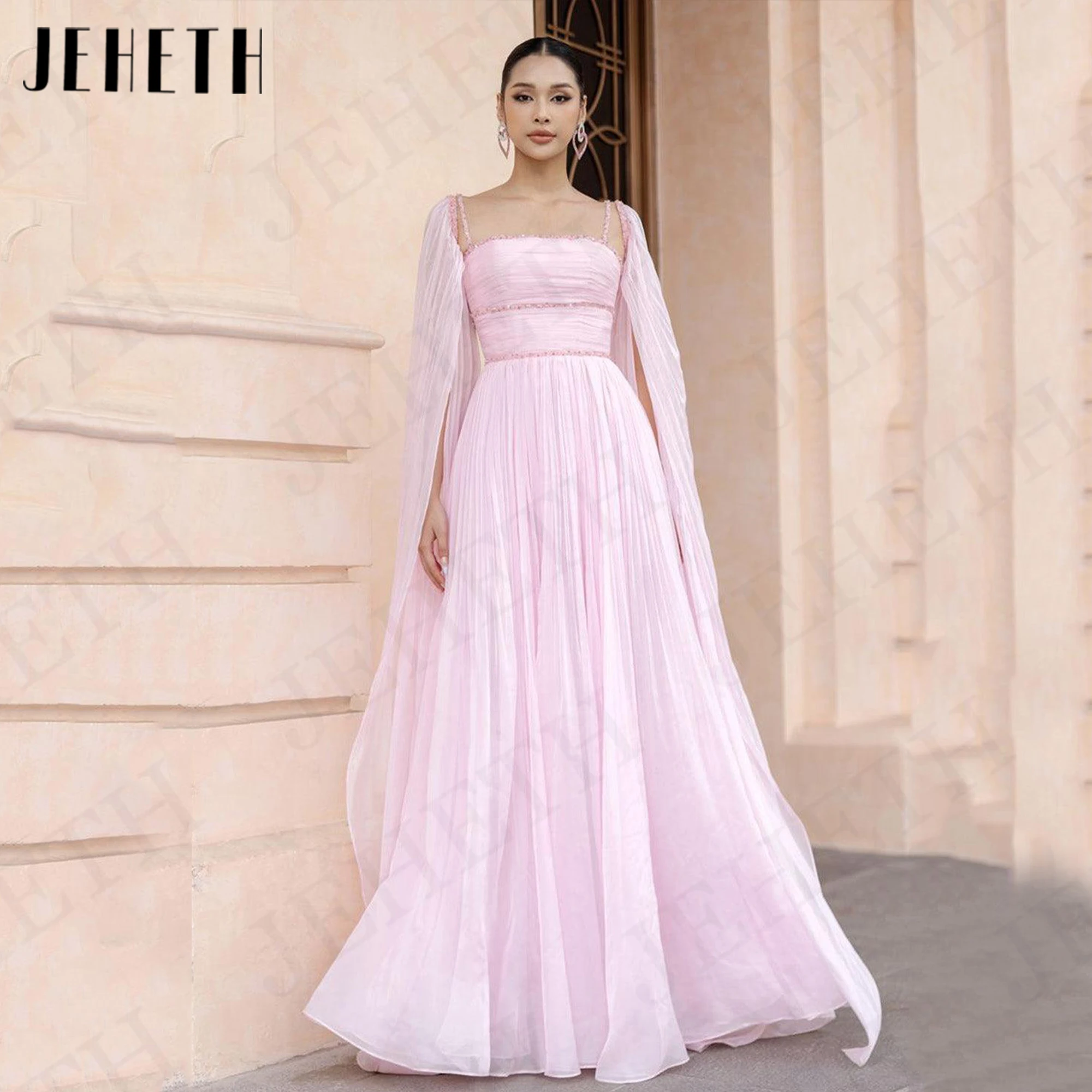 JEHETH Cape Sleeves Saudi Arabia Evening Dress Charming Chiffon A Line Pink Formal Occasion Dresses Dubai vestidos de fiesta