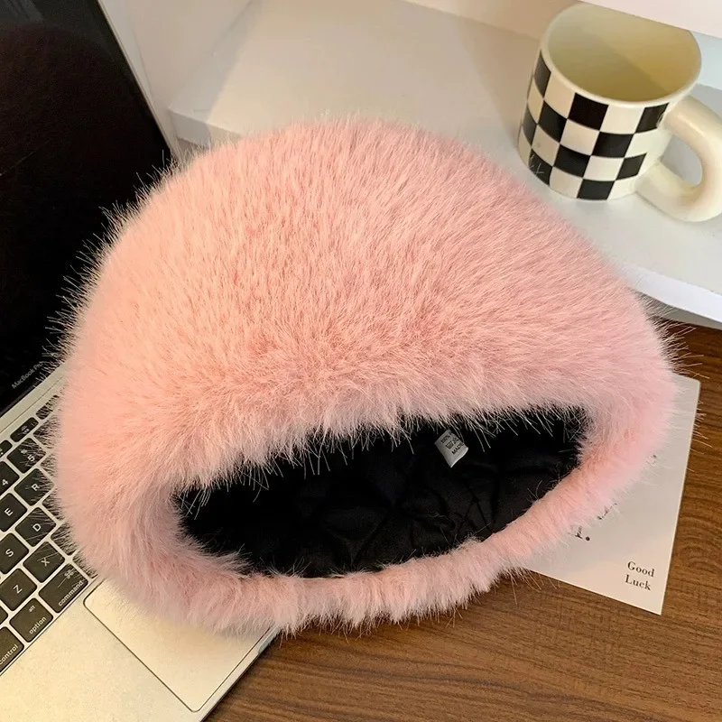 2024 Fluffy Warm Faux Fur Bucket Hats Women Winter Caps Thick Warm  Panama Girls Y2k Subculture Fisherman Hat