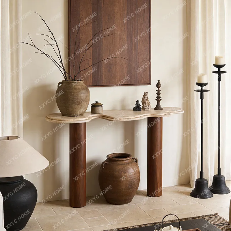 XX natural travertine entrance table Long narrow table Extremely narrow solid wood end view table
