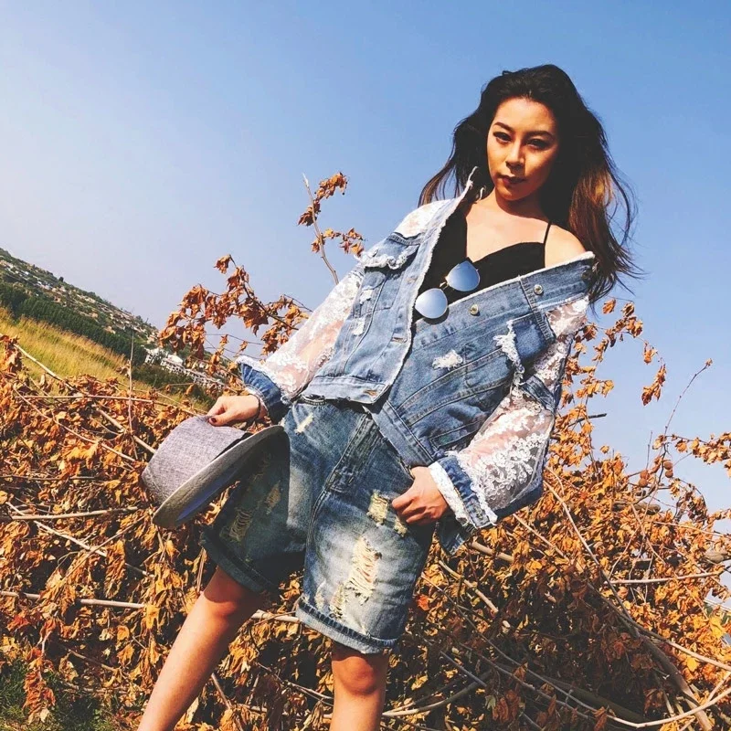 Streetwear Women Lace Hook Flower Hollow Out Patchwork Frayed Edges Hole Denim Jacket Summer 2026 Long Sleeve Casual Veste Femme
