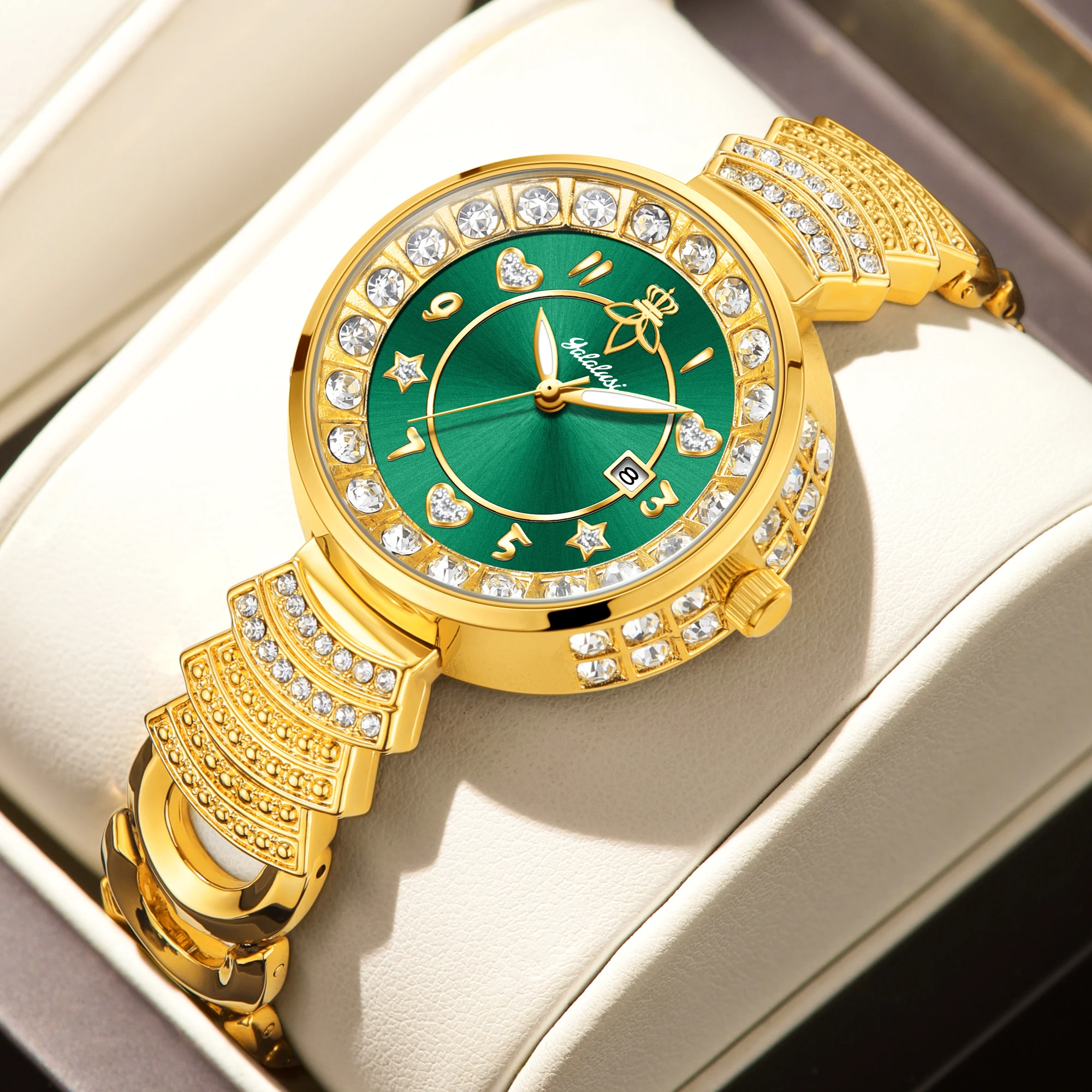 

YaLaLuSi женские темпераментные кварцевые часы, винтажное зеленое лицо, украшение со стразами, подарочный набор с дизайном из весов, женские подарки