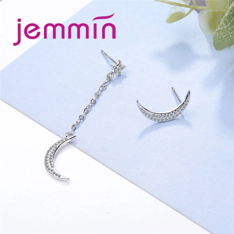 

Блестящие серьги-гвоздики из стерлингового серебра 925 пробы с асимметрией и луной, звездой, кубическим цирконием и кристаллами для женщин и девочек, ювелирные изделия для свадебной вечеринки, подарки