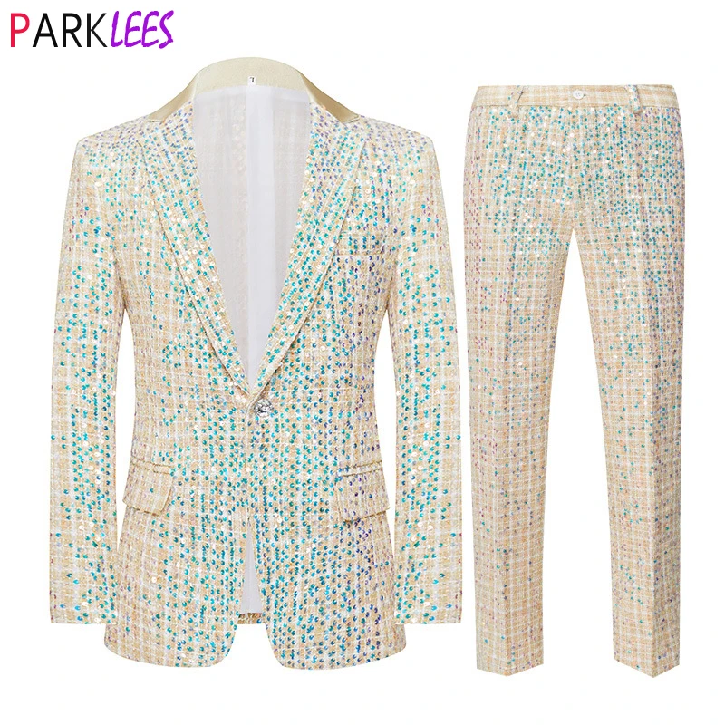 Stylish Tweed Sequins 2pcs Suits Set Men Stage Prom Singer Glitter Suits with Pants Mens Wedding Groom Tuxedo Suit Costume Homme