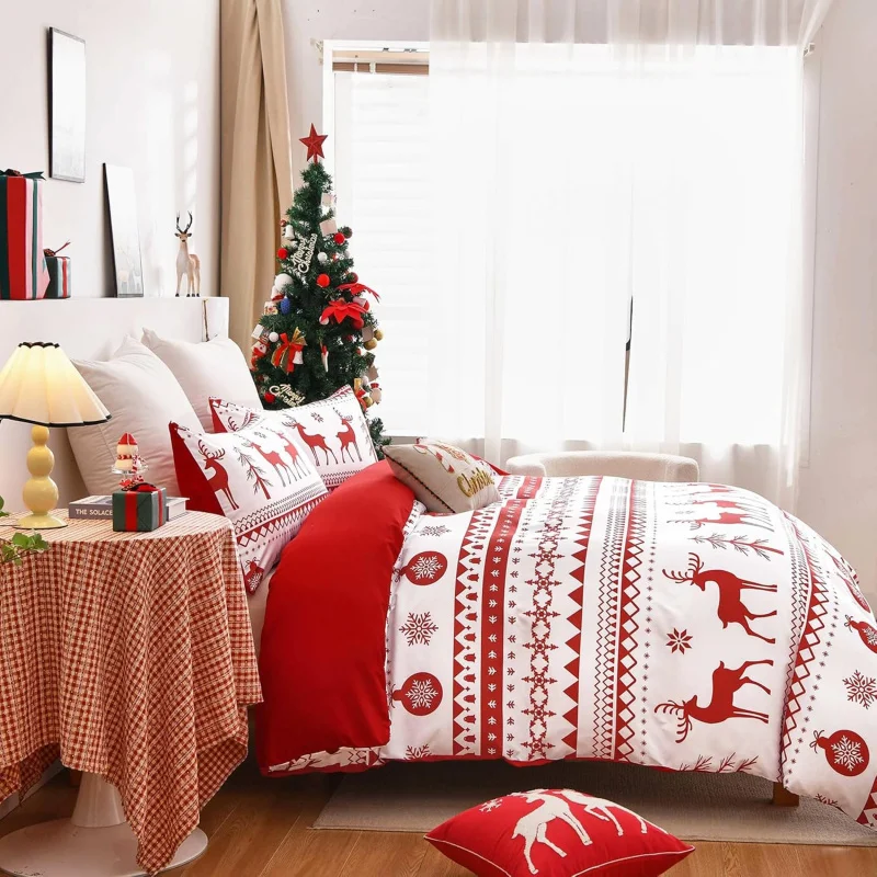 Ensemble de Literie en Fibre Ultra Fine, Décoration Motif Flocon de Neige Renne Rouge de Noël, Doux, 3 Pièces