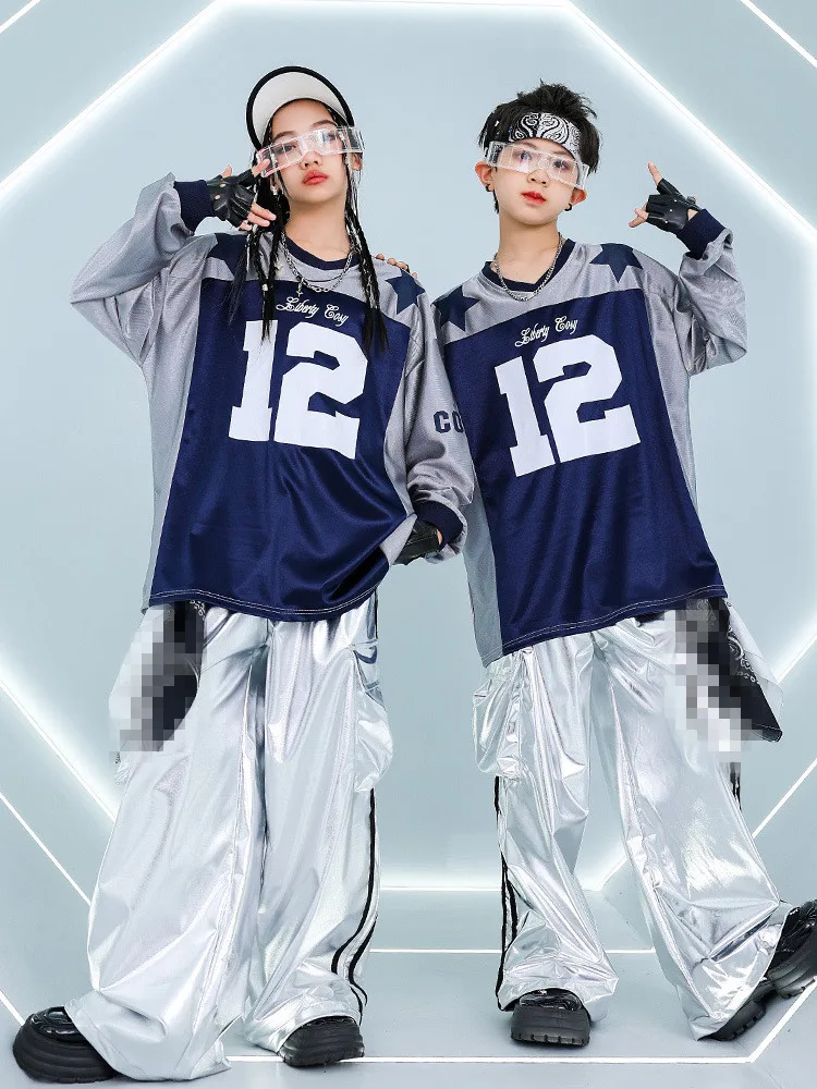Girls Hip Hop Contrast Color T-shirt PU Leather Shiny Cargo Pants Boys Cool Street Dance Clothes Sets Kids Jazz Child Streetwear