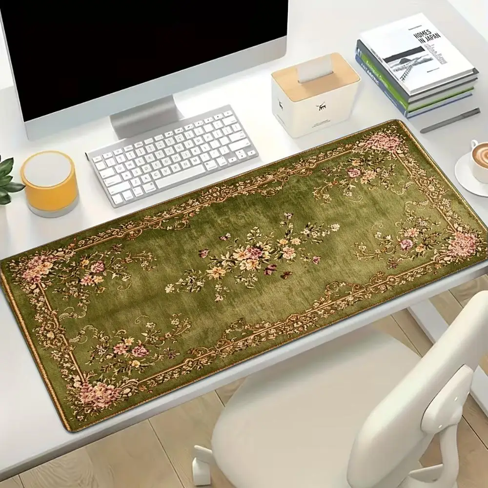 Vintage Floral Carpet Large Gaming Mouse Pad Non Slip Rubber Lock Edge Extended Desk Mat For Gamers Office Laptop Desktop Layout