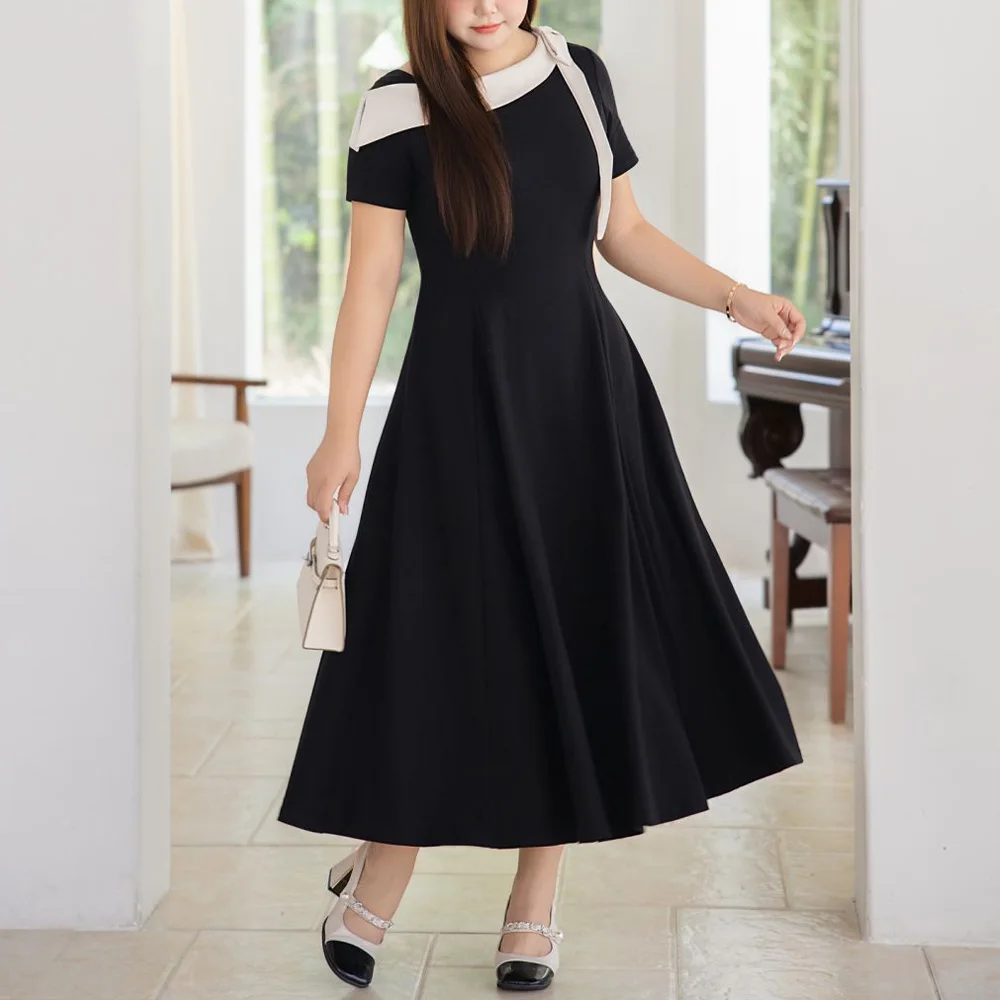 

Платье контрастного цвета с косым воротником и бантом, тонкая талия, женские длинные черные платья больших размеров премиум-класса для офисной работы 9266