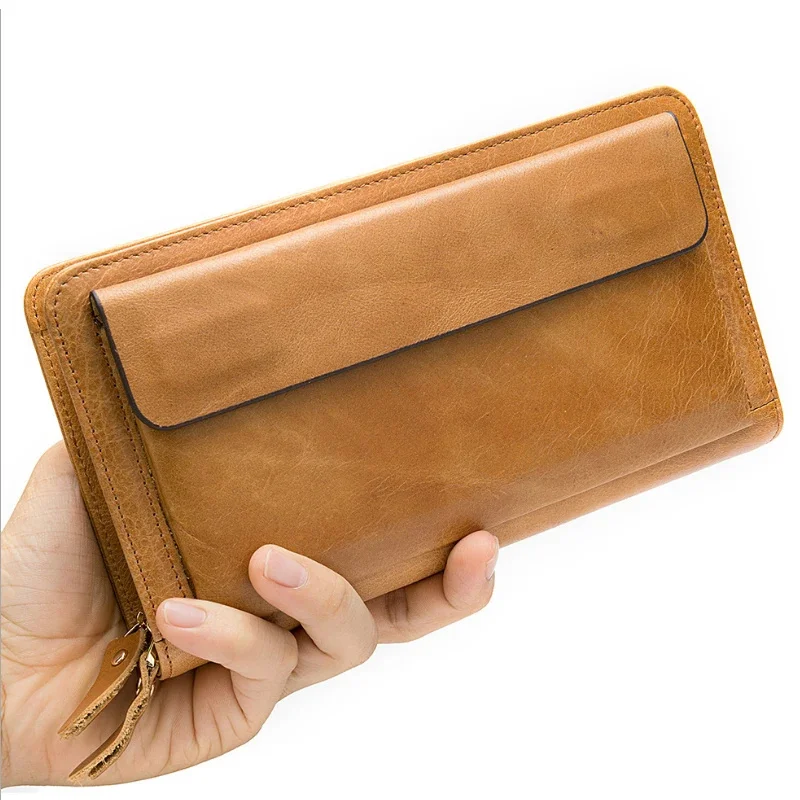 

MAHUE Genuine Leather Clutch Wallet Men Male Business Style Clutches With Wristlet Real Cow Hand Purse Big Capacity