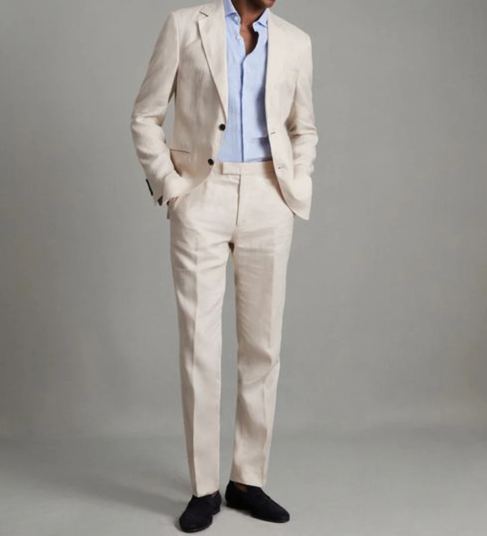 Summer Linen Beige Elegant Men Suits Casual Slim Fit Blazers Hombre Notch Lapel High Quality Custom 2 Piece Set Costume Homme