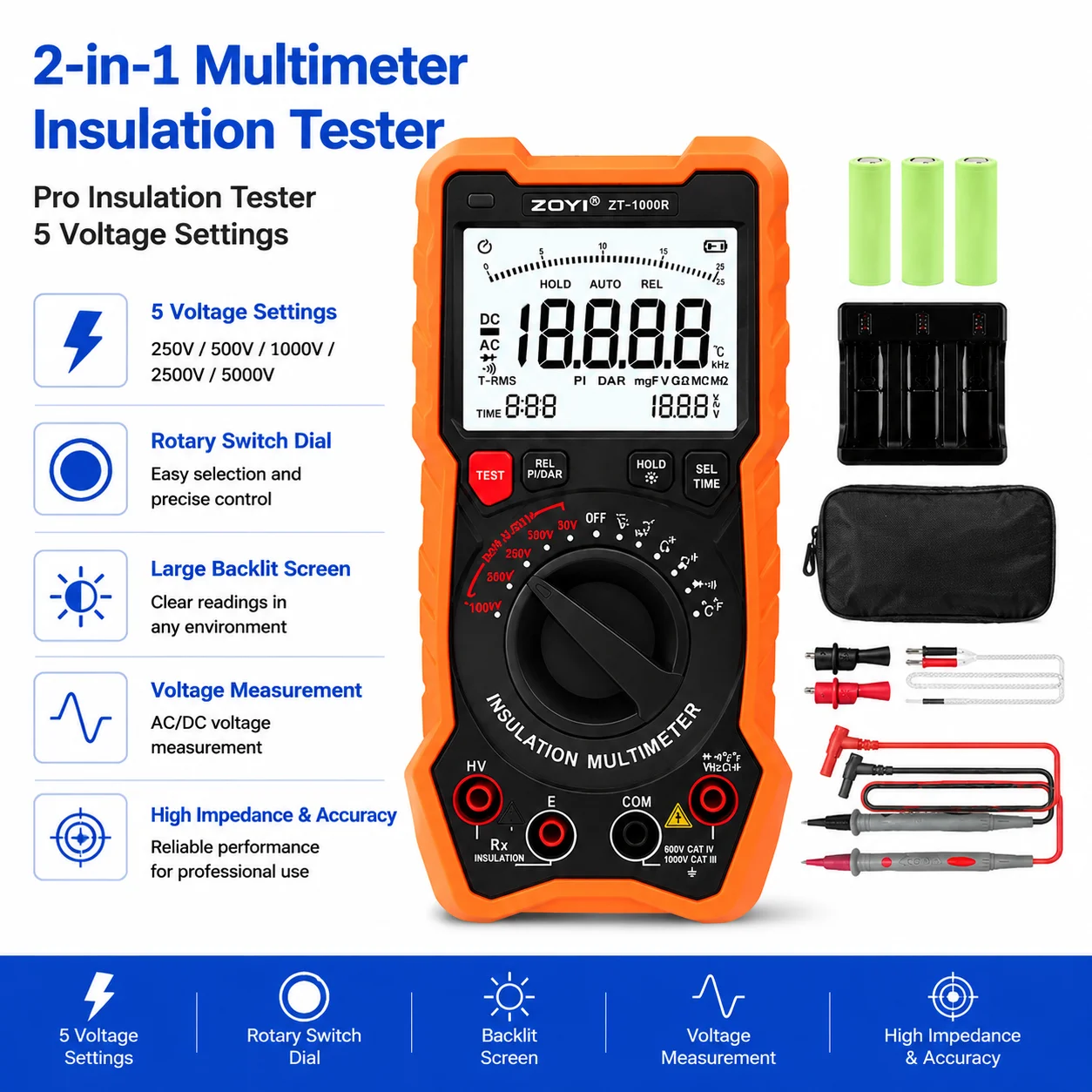 ZOYI ZT-1000R 2-in-1 Insulation Tester 1000V Megohmmeter Multimeter for Cable Motor Winding Leakage Detection