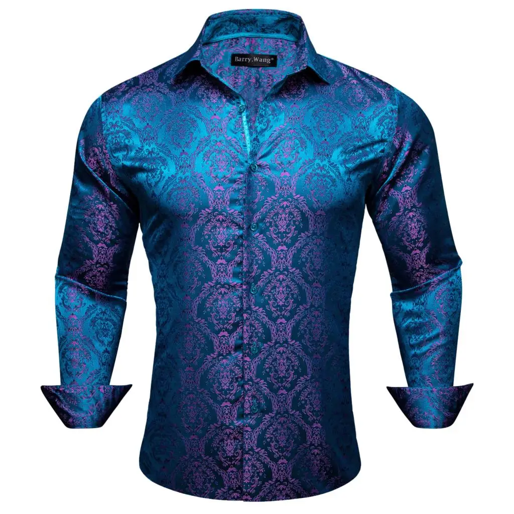 Elegant Men\'s Shirts Silk Long Sleeve Blue Flower Slim Fit Casual Lapel Male Tops Breathable Single Breasted Barry Wang