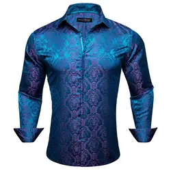 Elegant Men's Shirts Silk Long Sleeve Blue Flower Slim Fit Casual Lapel Male Tops Breathable Single Breasted Barry Wang