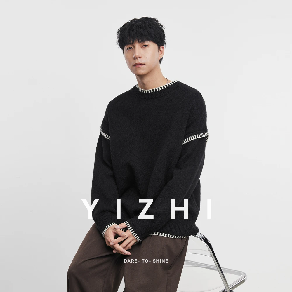 

Fashion Men's Casual Contrast Trim Crew Neck Sweater 2025 Autumn Winter Loose Fit Knitted Pullover Soft Long Sleeve Jumper Top