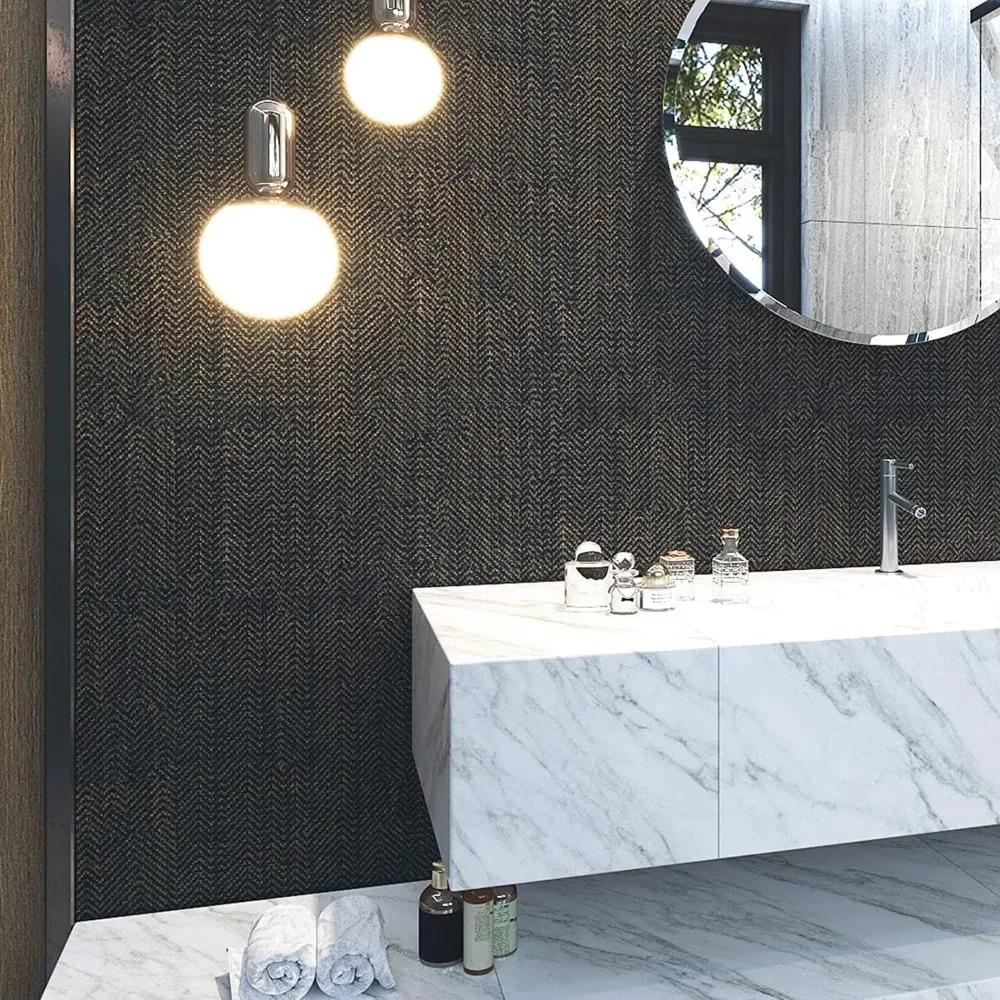 FunStick 24x394 قماش عشبي أسود وذهبي قابل للتقشير واللصق ورق جدران أسود مزخرف للخزائن من الكتان القابل للإزالة