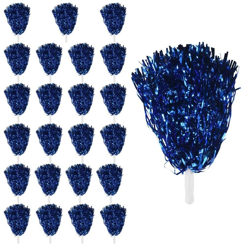 T22C 120Pcs Cheerleading Pom Poms Metallic Foil Cheer Pom Poms With Plastic Handle For Adults Kids Cheerleaders Party Blue