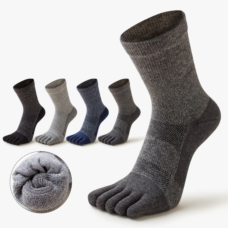 2024 Winter Warmth Men Sports Five Finger Socks 100% Cotton Sweat Absorbent Solid Color Outdoors Woman Long Tube Split Toe Socks