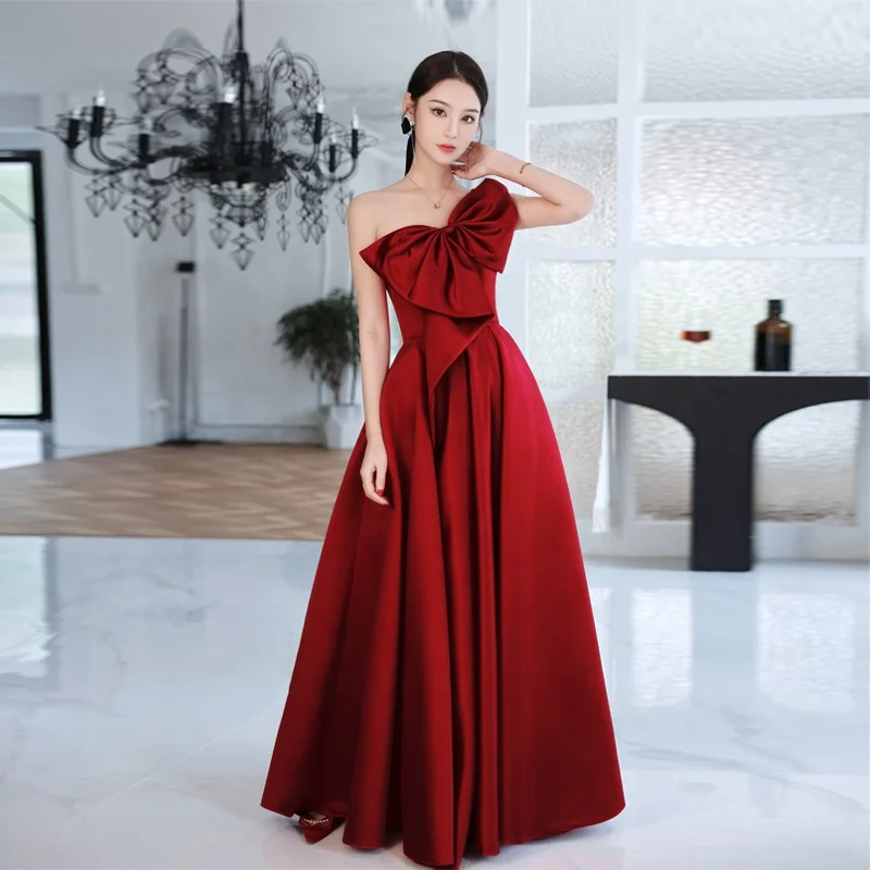 

Evening Dress One Shoulder Formal Satin Party Dress Woven Latest Dress Designs Sleeveless with Bow