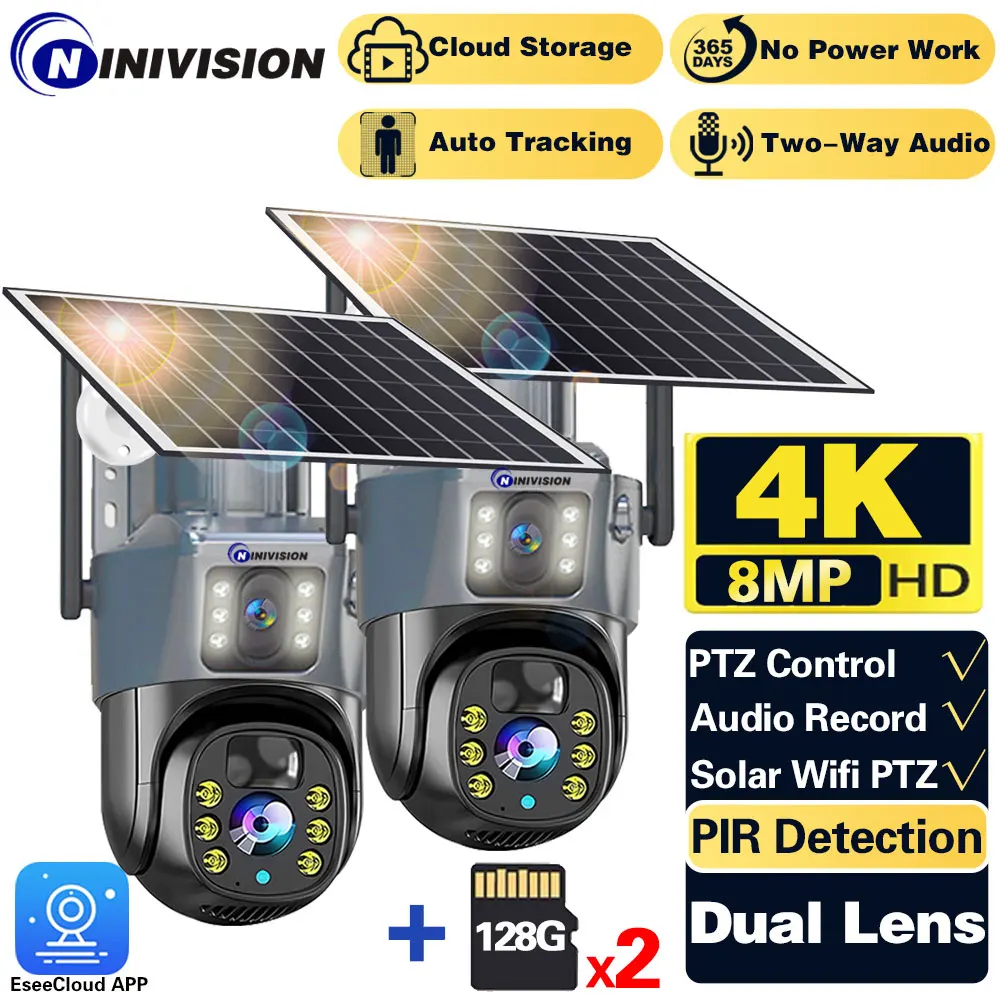 

8MP Zoom AI Tracking WIFI Solar Camera Dual Lens Battery Wireless IP Camera Outdoor Security PTZ Long Time Stand Surveillance 4K