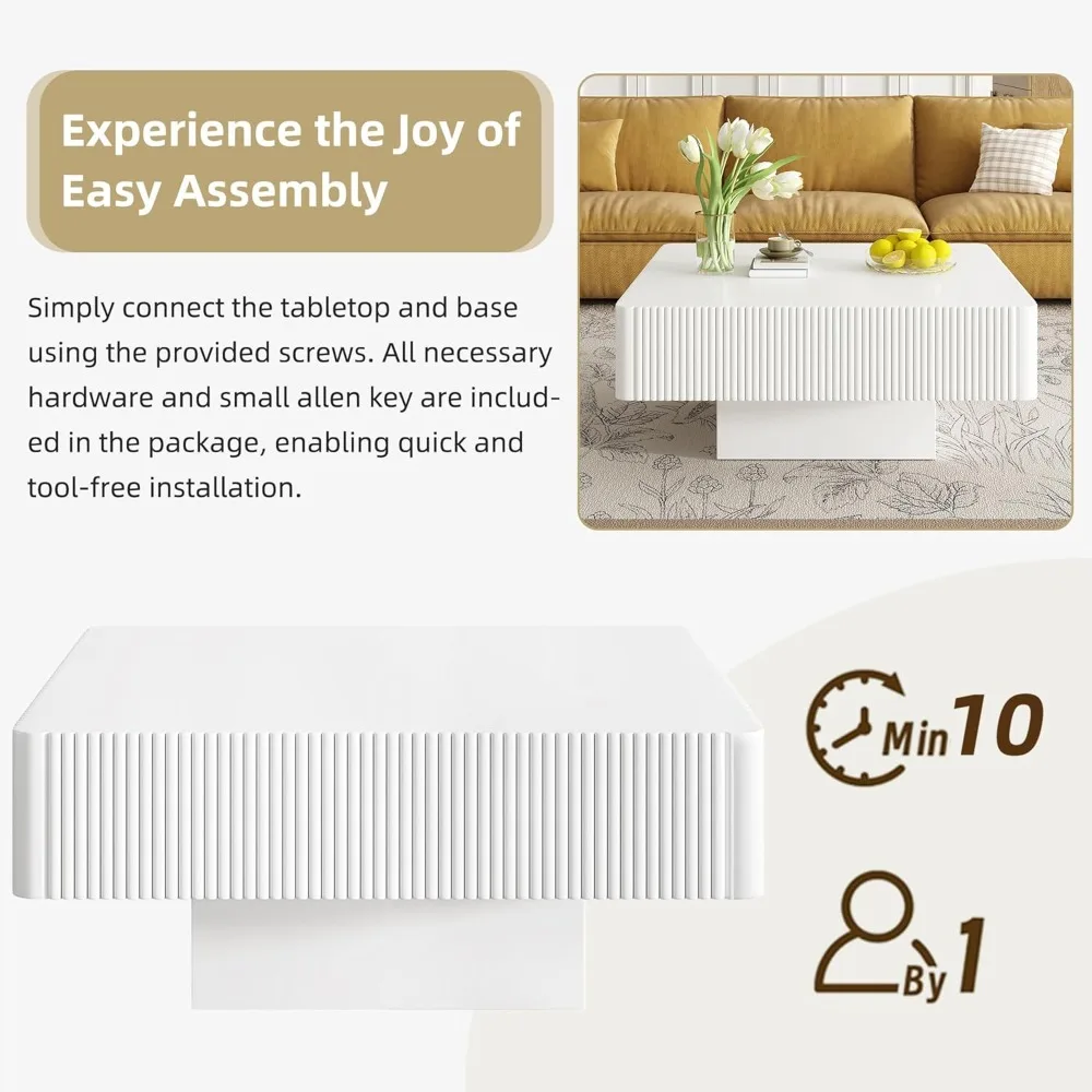 Modern Large Solid Wood Veneer Coffee Table with Storage, Accent Fluted Design for Living Room