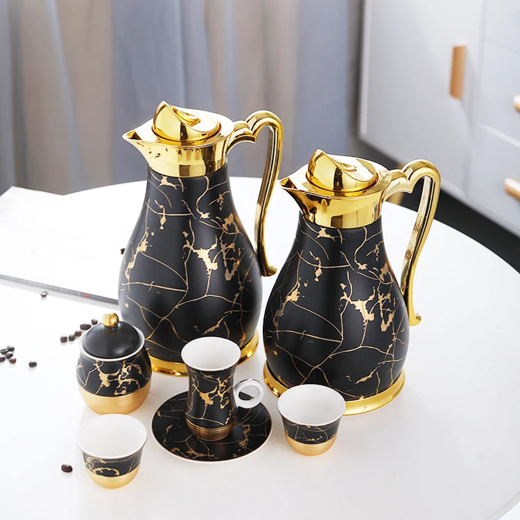 Deluxe Black Gold Plated Unique Marbling Ceramic Cup Saucer Glass Liner Coffee Pots Luxury Turkish Arabian Tea Arabic  Set