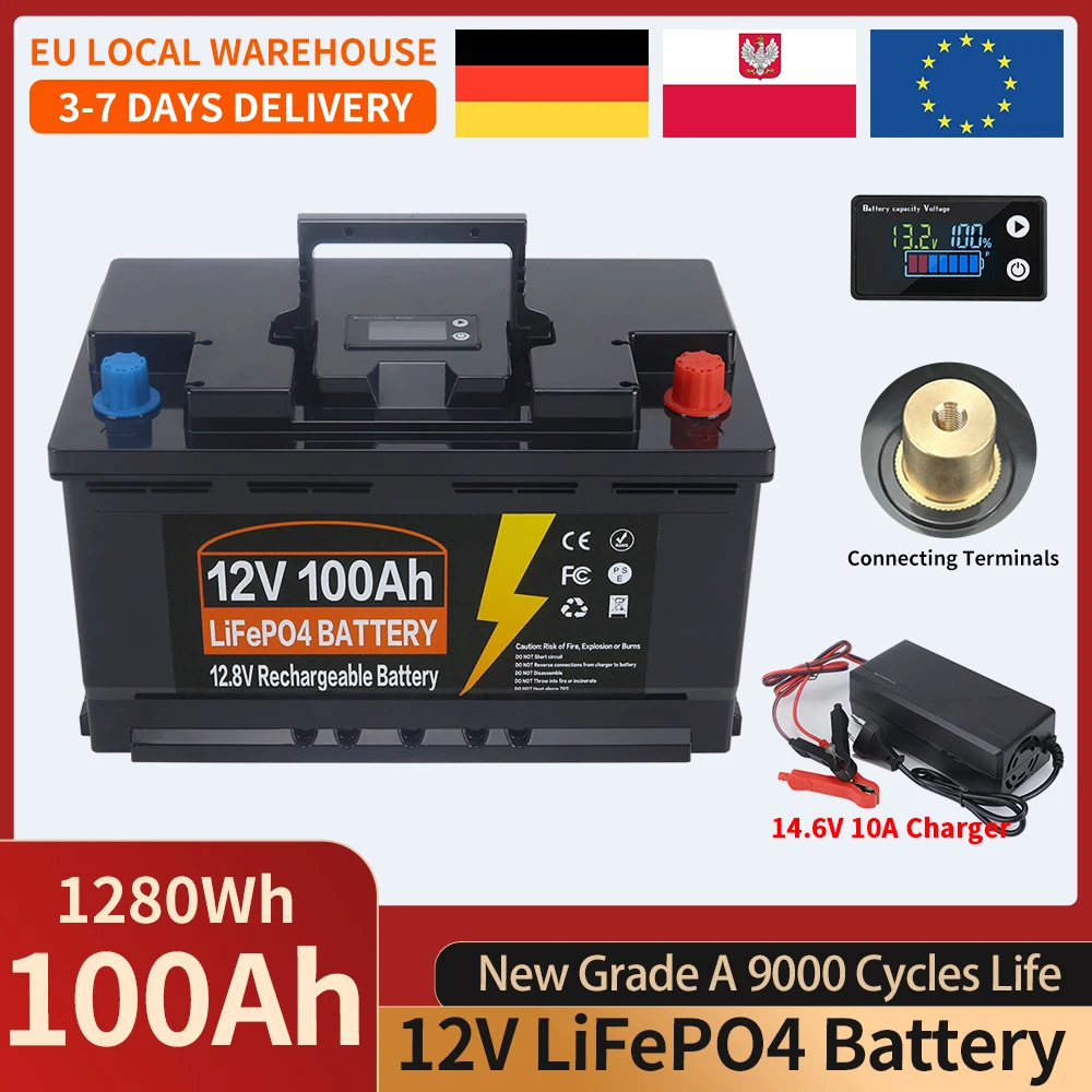12V 24V 100Ah 150Ah 300Ah 350Ah LiFePO4 Batterij met ingebouwde BMS Lithium IJzer Fosfaat Cel Graad A 9000 cycli levensduur voor camper, zonne-energie, trollingmotor EU voorraad