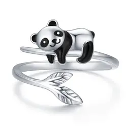 2New Harong Creative New Trend Lifelike Cute Panda Bamboo Ring Animal Open Rings for Girl Women Men Party Jewelry Gift