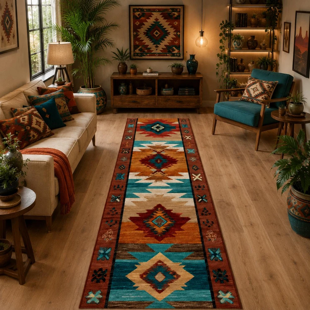 Vintage Southwest Triangle Geometric Tribal runner rug cabin farmhouse villa sunroom lounge breathable decorative floor rug