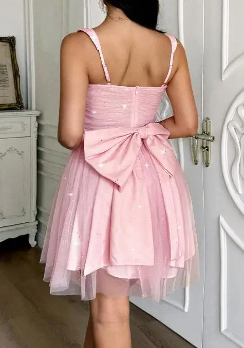 Luxury Evening Dress 2025 Elegant High Waist Dress Sexy Mesh Patchwork Flash Suspender Dress Bow Decoration Mini Party Dresses