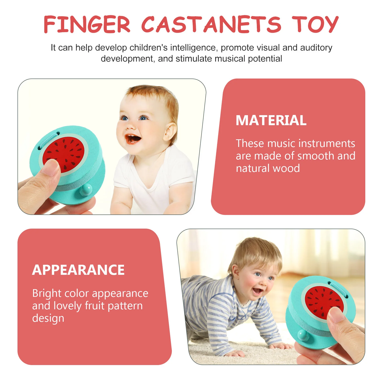 2 pçs crianças castanholas de madeira natural suave chocalhos de dedo com arte de frutas coloridas para desenvolvimento sensorial ideal para pequenos