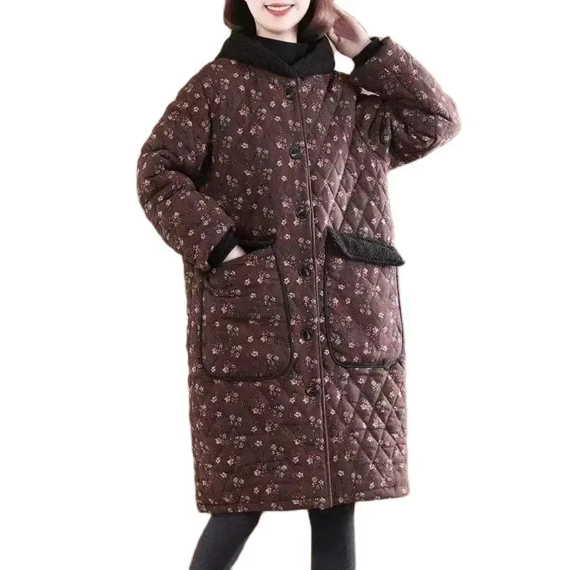 

2023 Winter New Women's Cotton Parka Clothes Floral Folder Velvet Add Thick Keep Warm Hooded Ladies Mid-Length Cotton Coat