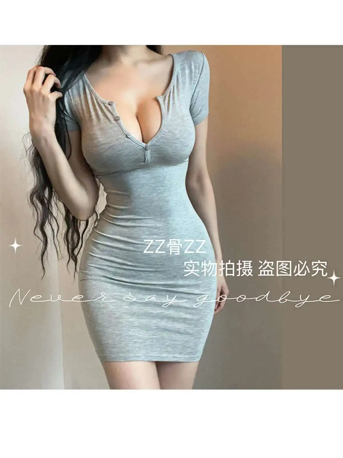 Primavera nuovo stile sexy puro desiderio bottoni con scollo a V spettacolo fuori borsa sul petto abito alla moda elegante maglietta da donna mini abito top