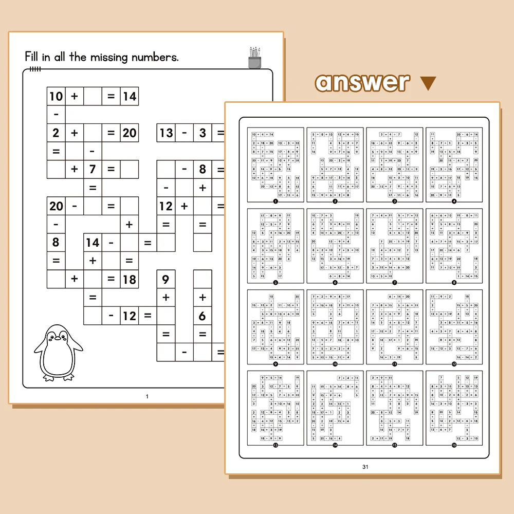 Immagine 7: 32 pagine/set di addizioni sottrazioni entro 20 quaderni di esercizi di matematica con risposte Libro di esercizi di puzzle di parole incrociate matematiche per bambini