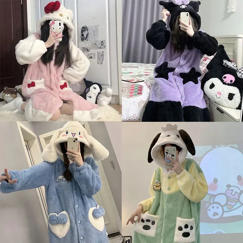 Sanrio My Melody Kuromi Winter Pajama Set for Women Thicken Warm Cartoon Hello Kitty Pyjamas Long Pant Coral Fleece Sleepwear