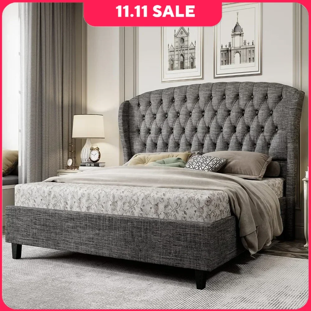 Bed Frame, Linen Curved Upholstered Bed, Headboard with Shell Wingback, Deep Button Tufts, No Springs Required, Queen Bed Frame